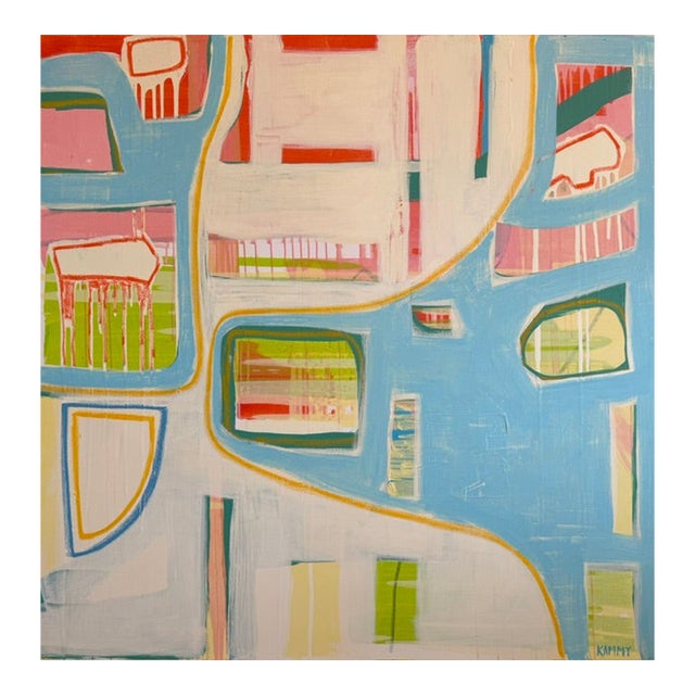 Large Contemporary Abstract Acrylic Painting – Sky Blue & Coral Geometric Grid For Sale