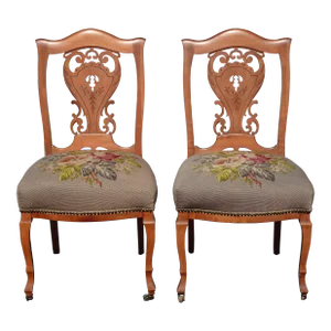 Pair French Tapestry Chairs W Castors