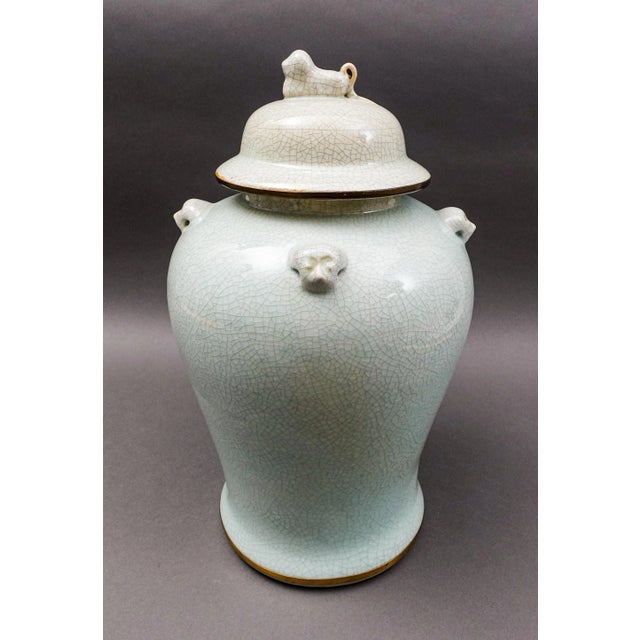 Mid 20th Century Maitland Smith Celadon Crackle Glazed Porcelain Foo Dogs Large Lidded Ginger Jar For Sale - Image 10 of 10