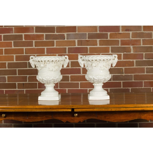 Pair of Blanc de Chine Midcentury Urns with Rams Heads and Ivy Leaves For Sale - Image 10 of 12