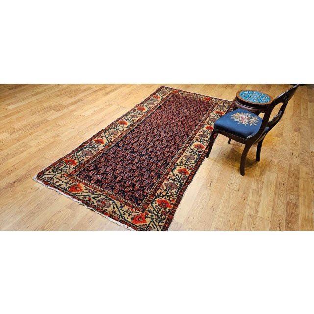 19th Century Persian Kurdish Gallery Rug, Hand-Knotted Wool, All-Over Paisley & Poppy Pattern, Navy & Ivory, 5x10 For Sale In Chicago - Image 6 of 18