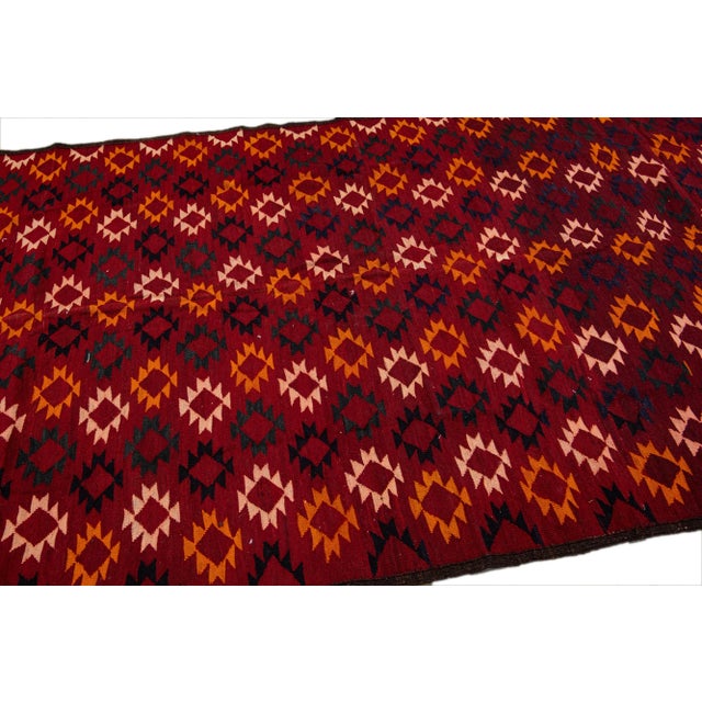 1960s Vintage Kilim Handmade Flatweave Geometric Red Wool Runner For Sale - Image 5 of 10