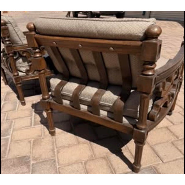 Brown Vintage Pair of Spanish Revival Style Lounge Chairs With Tufted Cushions For Sale - Image 8 of 10
