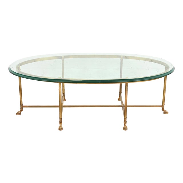 Labarge Hollywood Regency Brass and Glass Hooved Feet Cocktail Table, Circa 1960s For Sale