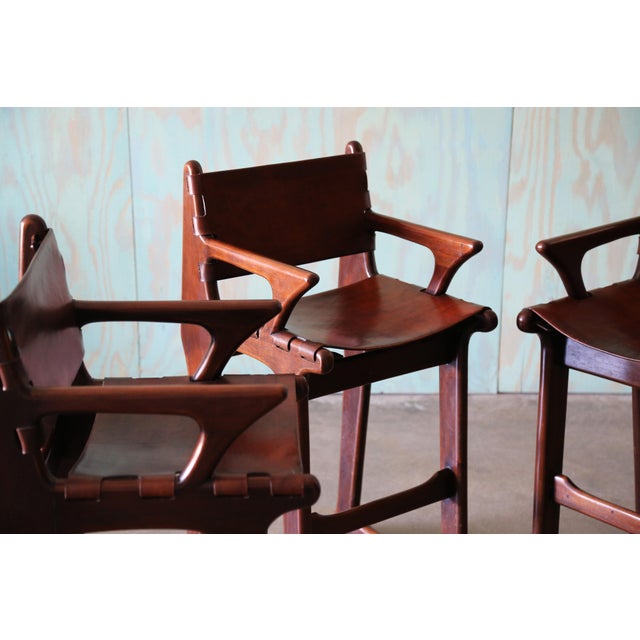 Wood 1960s Sergio Rodrigues Style Brazilian Barstools in Patinated Leather - Set of 4 For Sale - Image 7 of 15