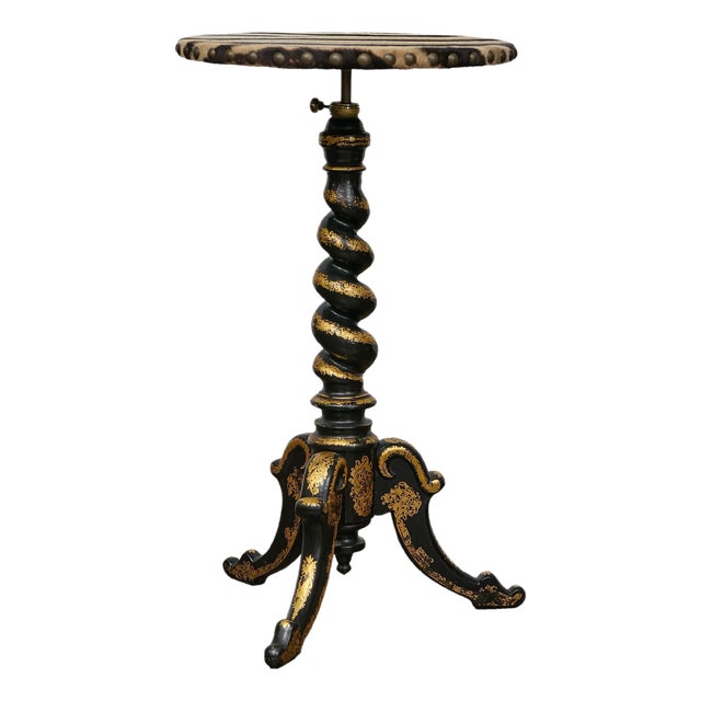 English Ebonized Barley Twist Pedestal Table with Zebra Hide and Gilt Detailing For Sale