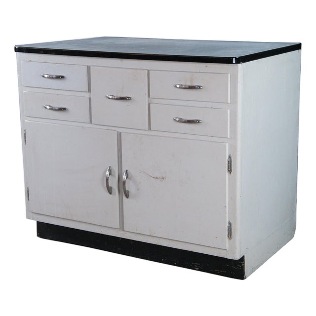 Mid 20th Century Hoosier Farmhouse Enameled Kitchen Bakers Cabinet Cupboard 39" For Sale