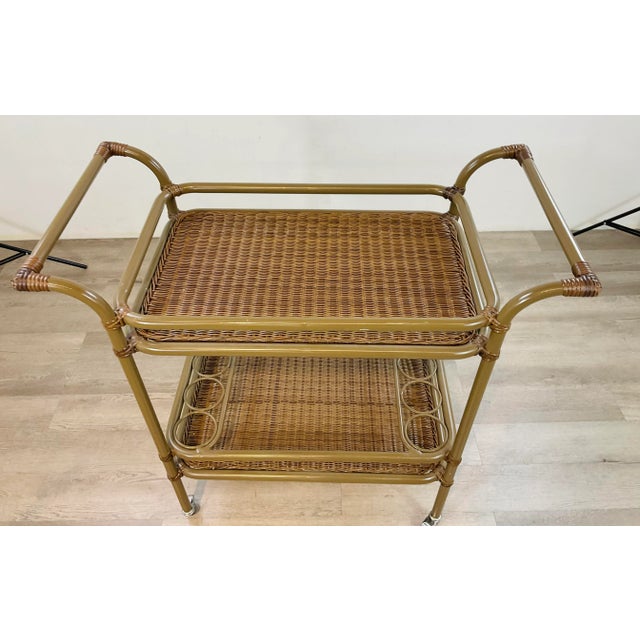 Original retail $1450, stylish Made Goods Organic Modern Indoor/Outdoor Chestnut Faux Wicker Torrey Bar Cart, teal frame...