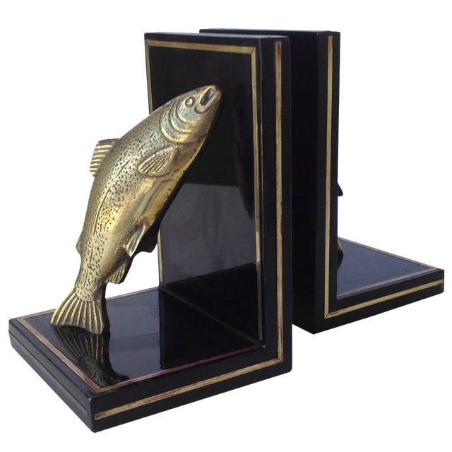 Brass Trout Fish & Wood Bookends A Pair Chairish