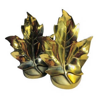 Traditional Mid Century Brass Maple Leaf Bookends - a Pair For Sale