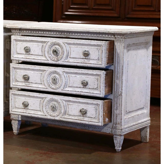 Late 19th Century 19th Century French Louis XVI Carved Painted Commode With Medallion Drawers For Sale - Image 5 of 11