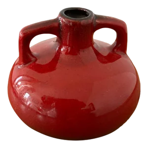 Small Red Glazed Vintage Art Pottery Vase Signed Km Israel