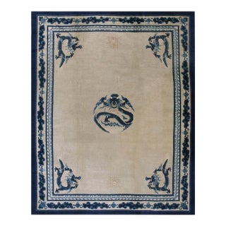 1890s Ivory Blue Open Antique Chinese Peking Dragon Carpet 10'2"x12'8" Wool Rug For Sale