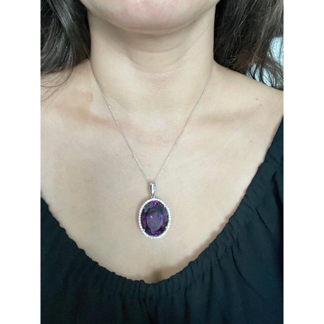 68 Carat Amethyst & 2.2 ct Diamond Pendant Necklace 14 Karat White Gold + Chain For Sale In New York - Image 6 of 18
