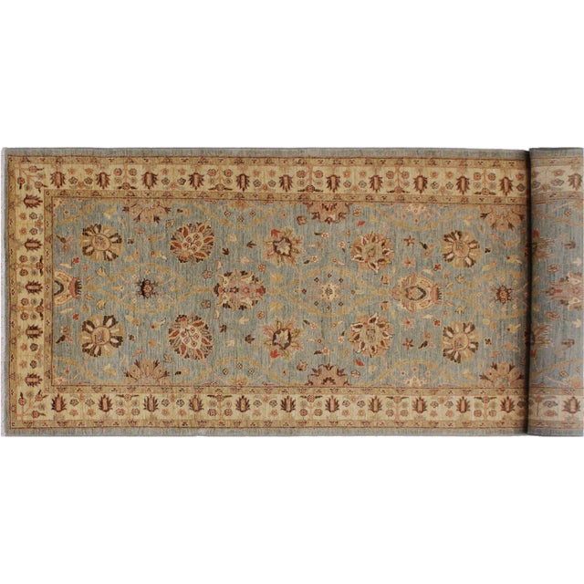 Shabby Chic Ziegler Blue/Gold Wool Runner Rug- 4'1'' X 11'2'' For Sale - Image 9 of 10