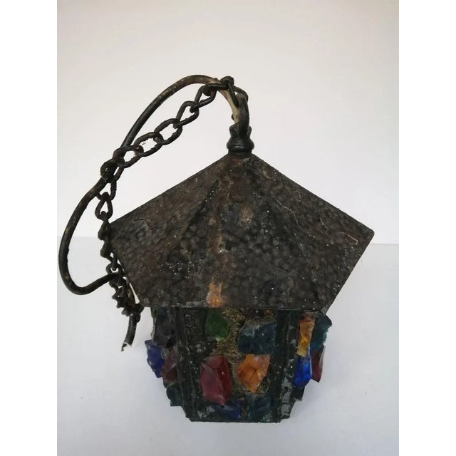 Metal English Arts & Crafts Glass, Lead & Hammered Sheet Metal Porch Lantern by Peter Marsh, 1950s For Sale - Image 7 of 18