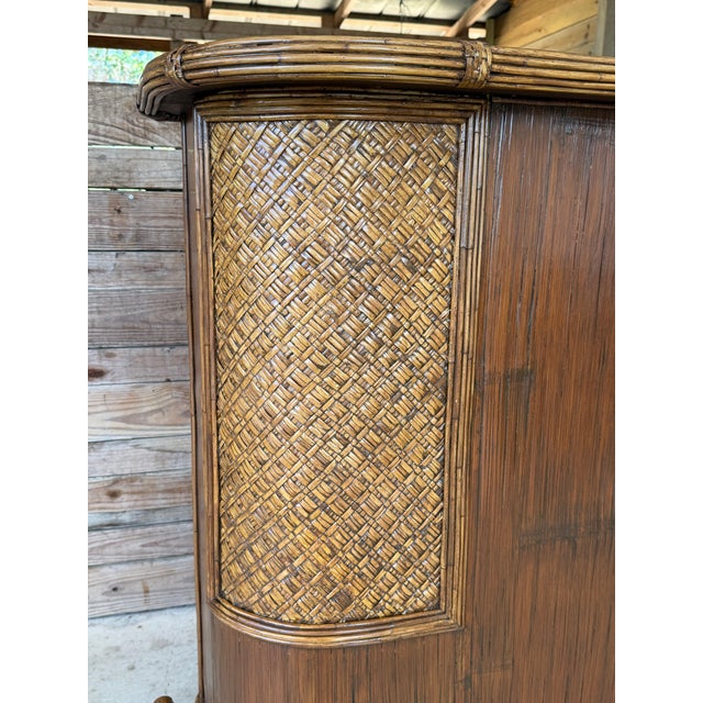 English Vintage Boho Coastal Rattan & Pencil Reed Rolling Bar Cabinet With Gallery Rail For Sale - Image 3 of 12