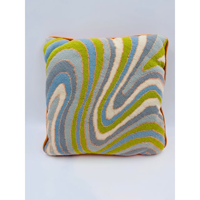 Fabulous vintage 1970s abstract swirl needlepoint pillow in a bold mod palette of sky blue, sage green, cream, and gray,...