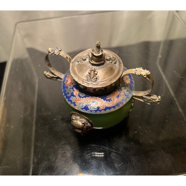 19th Century Chinese Silver, Jade & Cloisonne Censer For Sale - Image 9 of 11