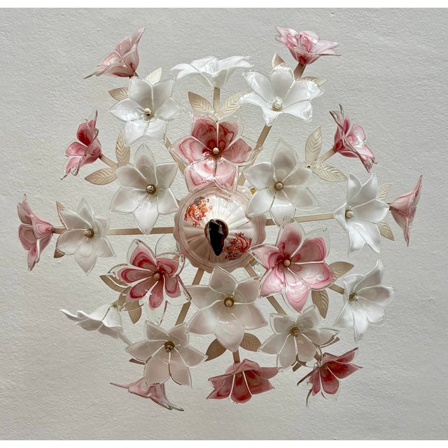 Vintage Murano Style Floral Chandelier – Romantic Pink & White Glass Bouquet Light For Sale - Image 16 of 17
