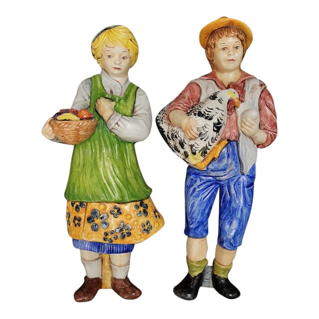 20th C Italian Majolica Ceramic Peasant Children Wall Figurines With