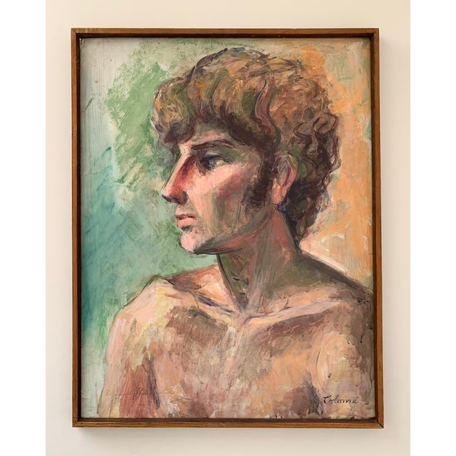 1970's Oil on Masonite Male Portrait by Artist Rosamond Colomé. An expressive piece with a lively palette of greens and...