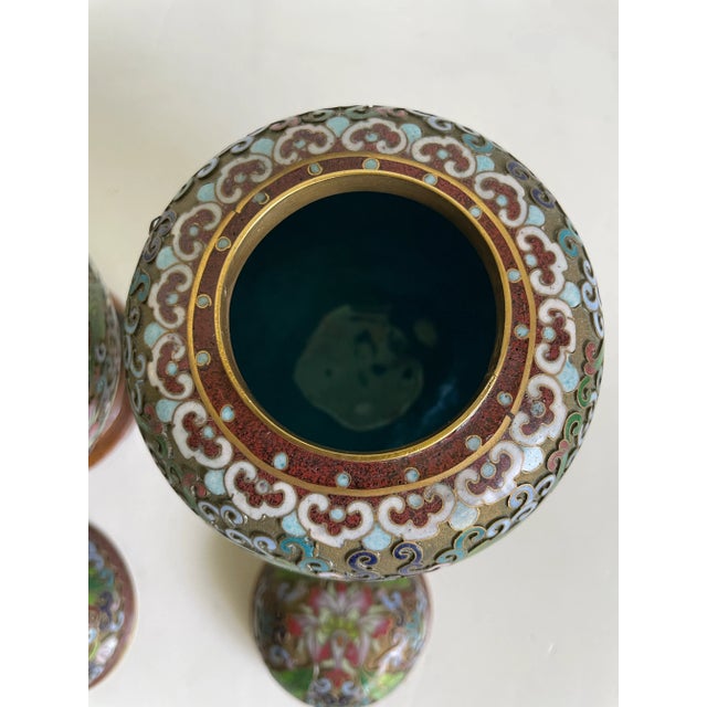 Brass Pair of Petite Asian Cloisonné Enamel Lidded Ginger Jar Vases on Stands For Sale - Image 8 of 12