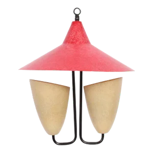 1950s Kurt Versen Style Cream Double Cone Hanging Lamp with Red Fiberglass Hat
