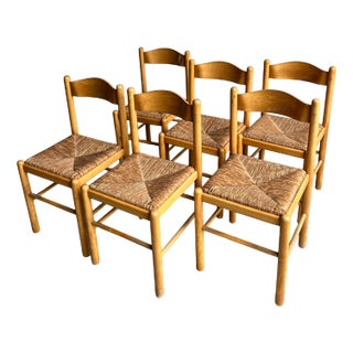 Vintage Wooden Chairs with Rush Seats, Set of 6 For Sale