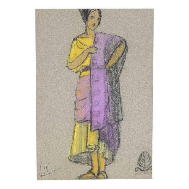 Simone Vaulpré, Theatrical Costume, Charcoal & Pastel Drawing, Early 20th Century For Sale
