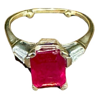 2.5 Ct Emerald Cut Treated Ruby & 0.15 ct Diamond Ring 14 Kt White Gold Size 5 For Sale