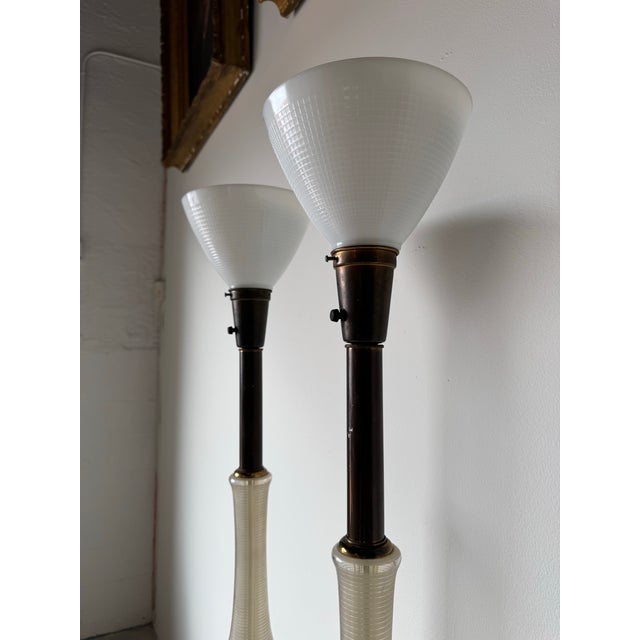 1960s Tall Hollywood Regency Reverse Painted Glass Table Lamps With Brass Bases - a Pair For Sale - Image 12 of 12