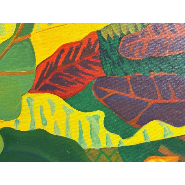 Textile Marc Zimmerman "Lost and Found Chickens" Oil Painting, Tropical Chickens in Botanical Setting, Deep Green and Red, Contemporary Art West Coast For Sale - Image 7 of 11