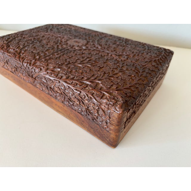 Antique Anglo-Indian Kashmir Hand-Carved Wood Jewelry Box Velvet Lined 1920s For Sale - Image 18 of 18