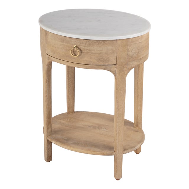 Ellen 18.25 in. W Oval Marble and Wood 1 Drawer Nightstand, Natural For Sale