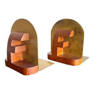 Midcentury Sculptural Bookends Brass and Wood For Sale