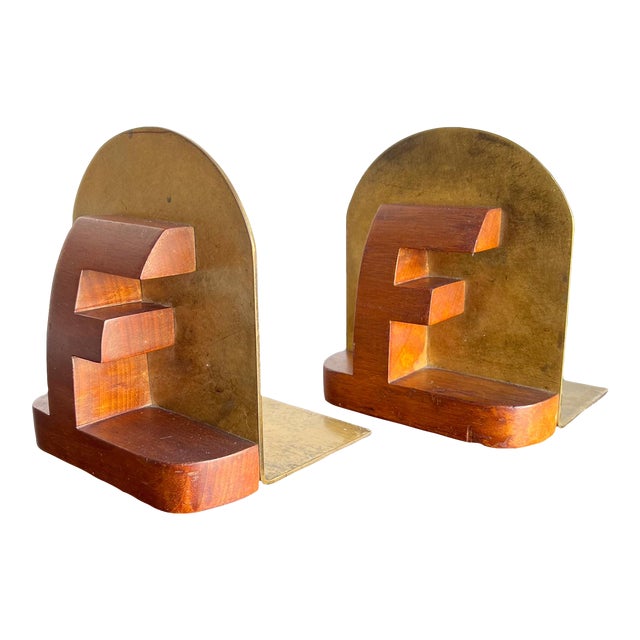 Midcentury Sculptural Bookends Brass and Wood For Sale