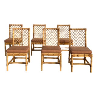 Bielecky Brothers Rattan Dining Chairs Set of 6 New York 1970s With Original Cushions For Sale