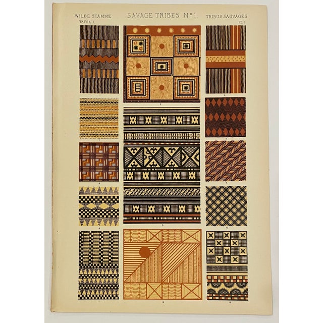 Savage Tribes 1, 2 and 3 chromolithograph plates from a 1910 printing of Owen Jones (1809-1874) "Grammar of Ornament" the...