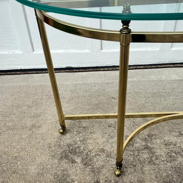 Brass Vintage LaBarge Style Brass-Tone Demilune Console Table With Glass Top For Sale - Image 8 of 8
