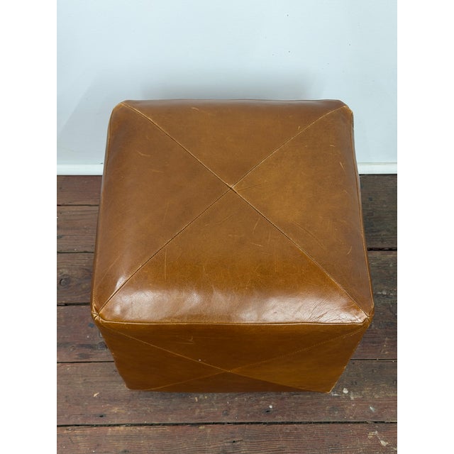 Crate & Barrel Cognac Leather Crate and Barrel Stool For Sale - Image 4 of 10