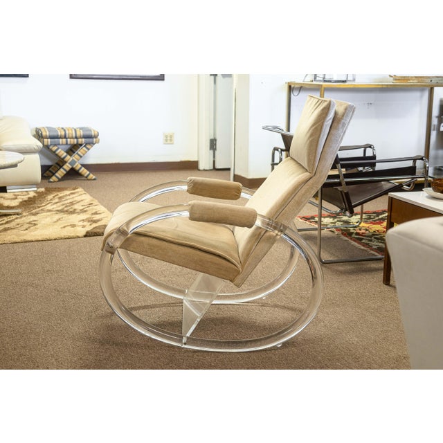 Modern Vintage 1970s Charles Hollis Jones Velvet Lucite Rocking Chair and Ottoman For Sale - Image 3 of 11