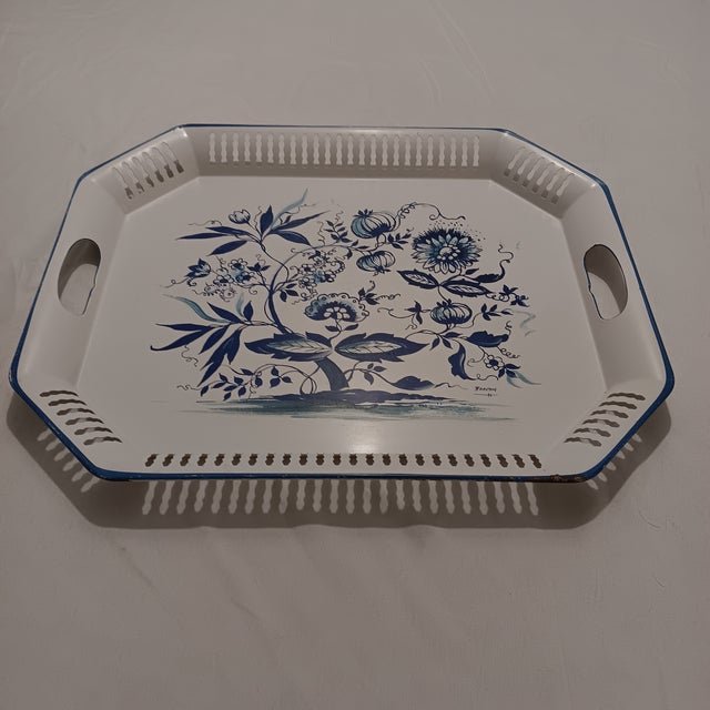 Large Vintage Blue Onion Style Metal Serving Tray With Reticulated Open Handles For Sale - Image 12 of 12
