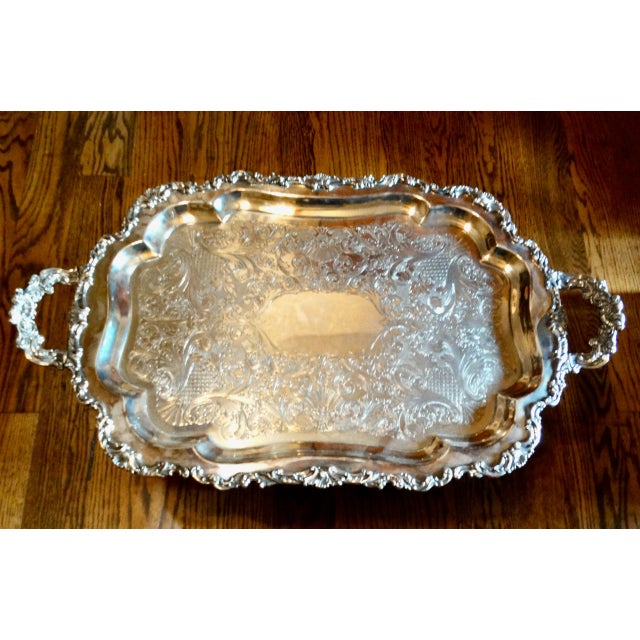 Large Ornate Silver Serving Tray With Handles For Sale - Image 6 of 11