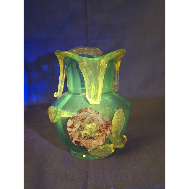 Rare Stevens & Williams Manganese Uranium Glass Bud Vase Applied Rose and Rigaree Feet C 1880 For Sale - Image 16 of 18