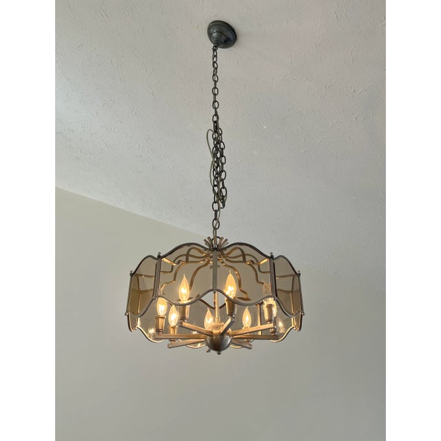 Glass and chrome Chandelier with long chain. Working condition. Glass has a light grey color, matt chrome finish. Chain...