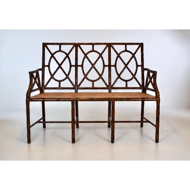 Tortoise Faux Bamboo Caned Settee With Leather Cushion For Sale - Image 15 of 15