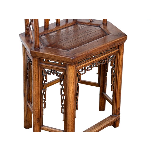 Wood Vintage Brown Lattice Work Hexagonal Narrow Accent Armchair For Sale - Image 7 of 11