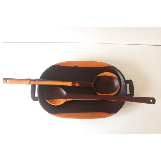 Brown 1970s Carved Exotic Wood Serving Dish With 2 Spoons Salad Bowl For Sale - Image 8 of 11