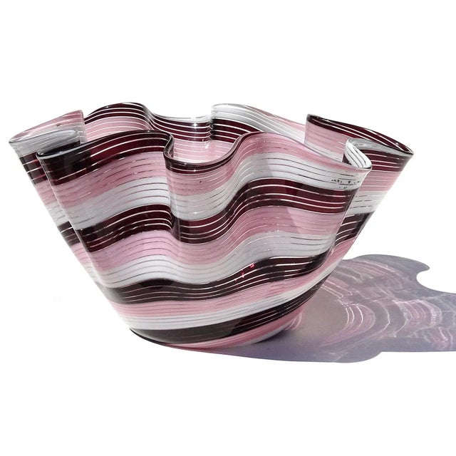 Beautiful, vintage Murano hand blown deep purple (almost black), white and pink ribbons Italian art glass fazzoletto /...